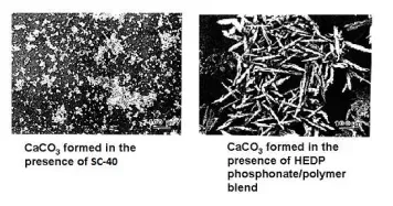 Two microscope photographs: calcium carbonate formed with SC-40 is fine and dispersed, while with a HEDP phosphonate/polymer blend it forms large needle-like crystals