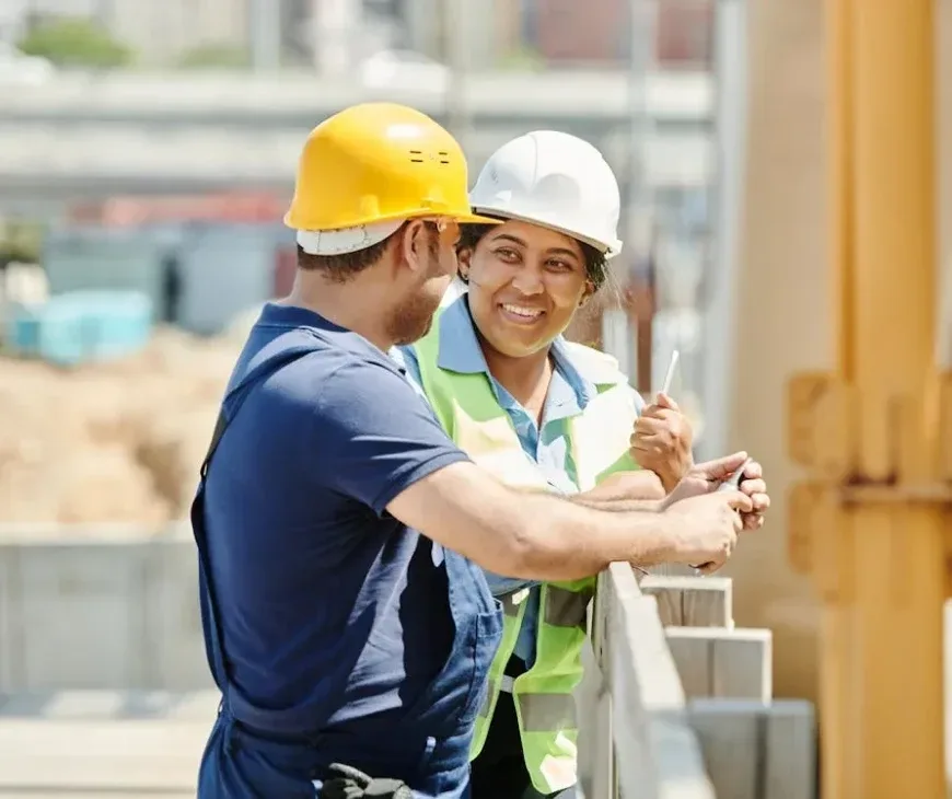Two people talking on a building site